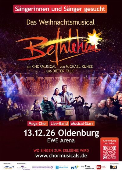 Für das Weihnachtsmusical "Bethlehem" am 13. Dezember 2026 in der EWE Arena werden bis zu 1.000 Sängerinnen und Sängern der Region gesucht.