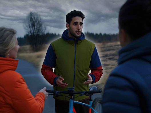 Jesus unterhält sich mit einem Mann und einer Frau auf einem Weg. An Jesus ist ein sportliches Fahrrad gelehnt. Der Weg verläuft durch naturbelassene Wiesen. Im Hintergrund ist ein Wald erkennbar.