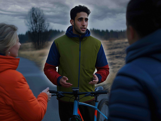 Jesus unterhält sich mit einem Mann und einer Frau auf einem Weg. An Jesus ist ein sportliches Fahrrad gelehnt. Der Weg verläuft durch naturbelassene Wiesen. Im Hintergrund ist ein Wald erkennbar.