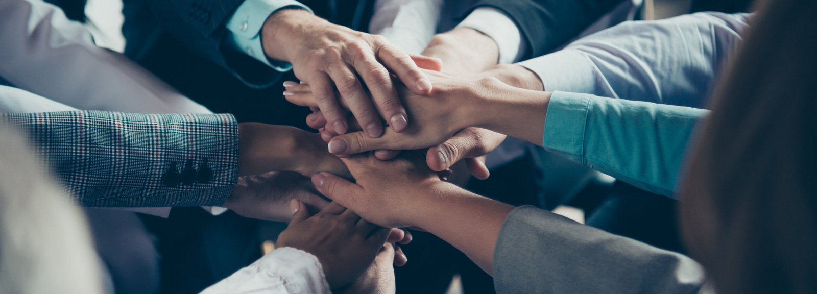 Ein Gruppe an Menschen steht im Kreis. Die Menschen strecken die Arme in die Mitte des Kreises und legen ihre Hände übereinander.